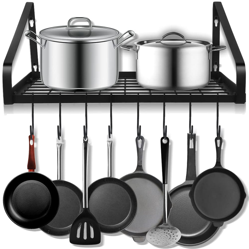 Felibeaco hanging pots and pans rack front view with eight hooks for organized cookware.