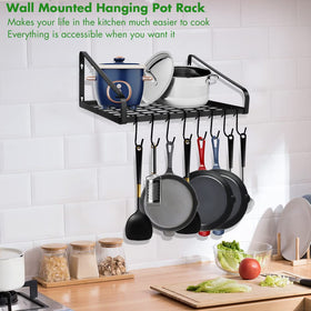 Felibeaco wall-mounted rack with visible hooks keeps pots within easy reach.