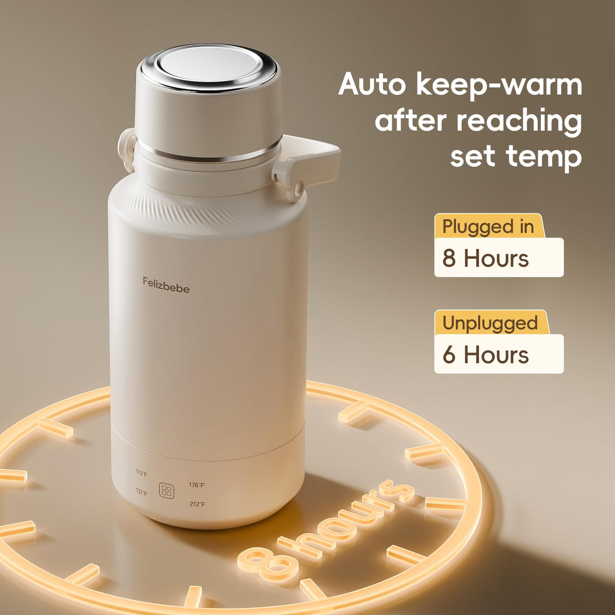Felizbebe 304 stainless steel interior for safe hot-water storage.