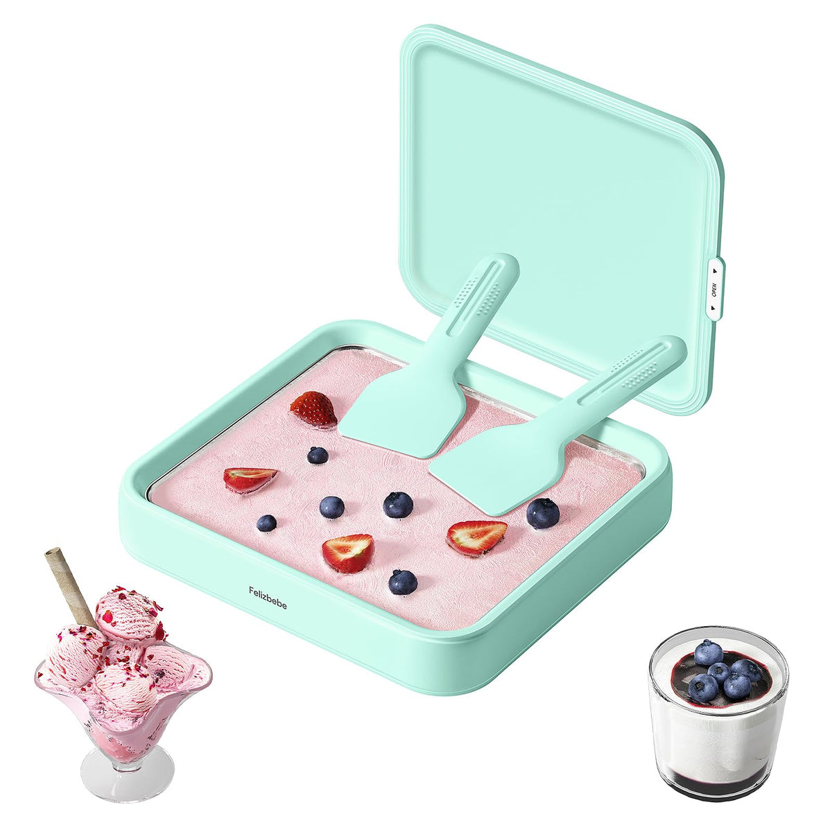 Felizbebe Rolled Ice Cream Maker with lid enables clean, compact storage after chilling.