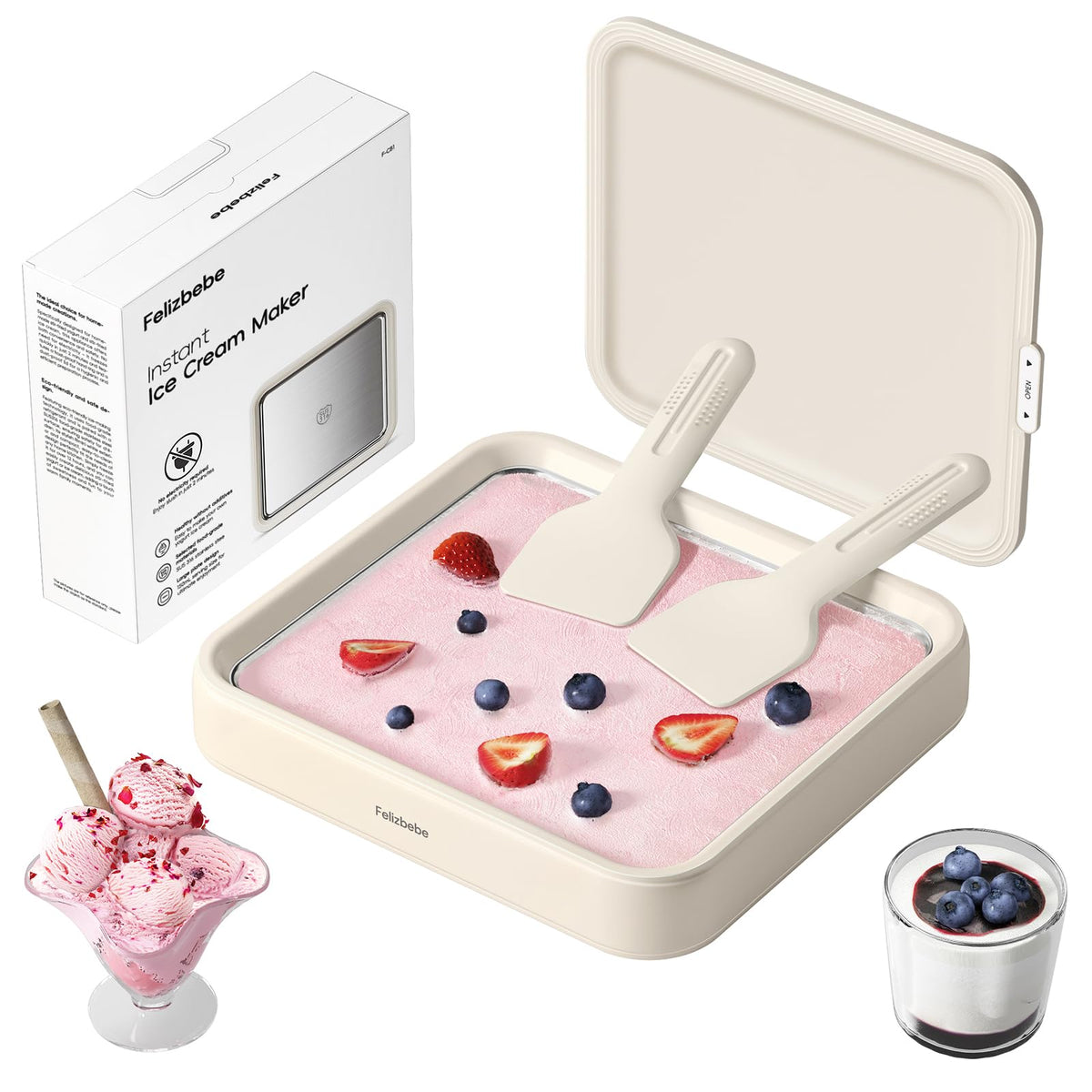 Felizbebe Rolled Ice Cream Maker tray-lid-spatulas for hands-on family desserts
