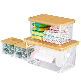 FELIZHOUSE trash bag holder with bamboo lid for under-sink storage and organized bags.
