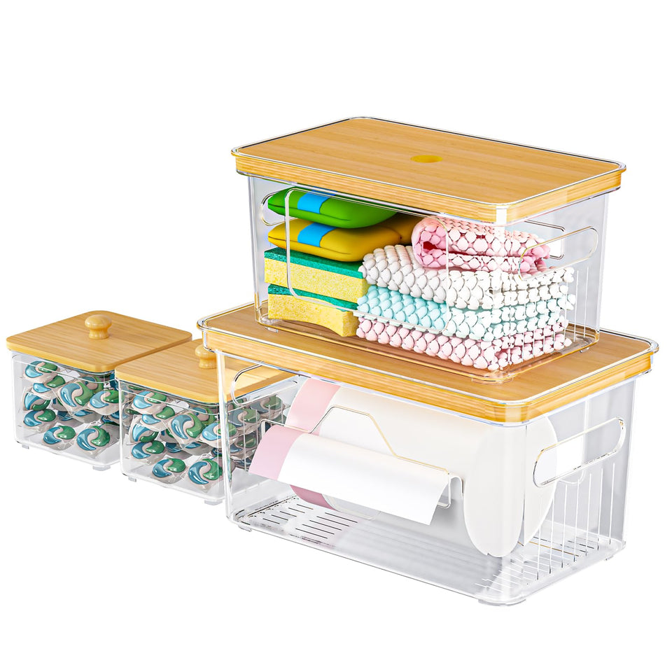 FELIZHOUSE trash bag holder with bamboo lid for under-sink storage and organized bags.