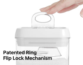 Stacked arrangement showing flat lid design for space-saving pantry.