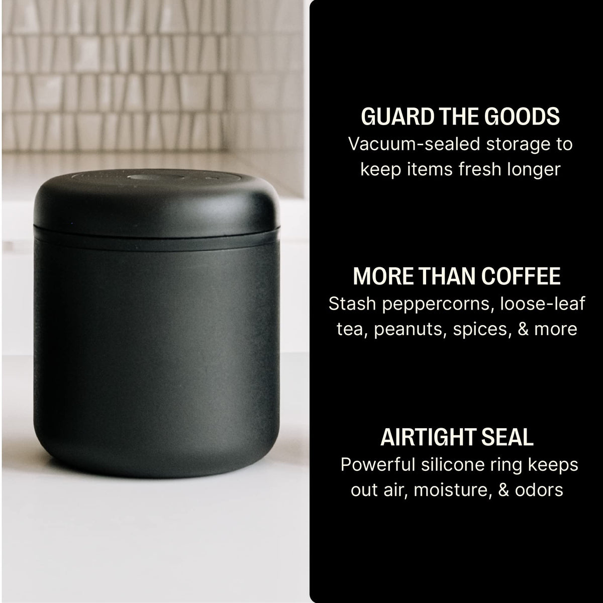 Fellow Atmos stainless steel body highlights durable, food-safe storage for spices and tea.