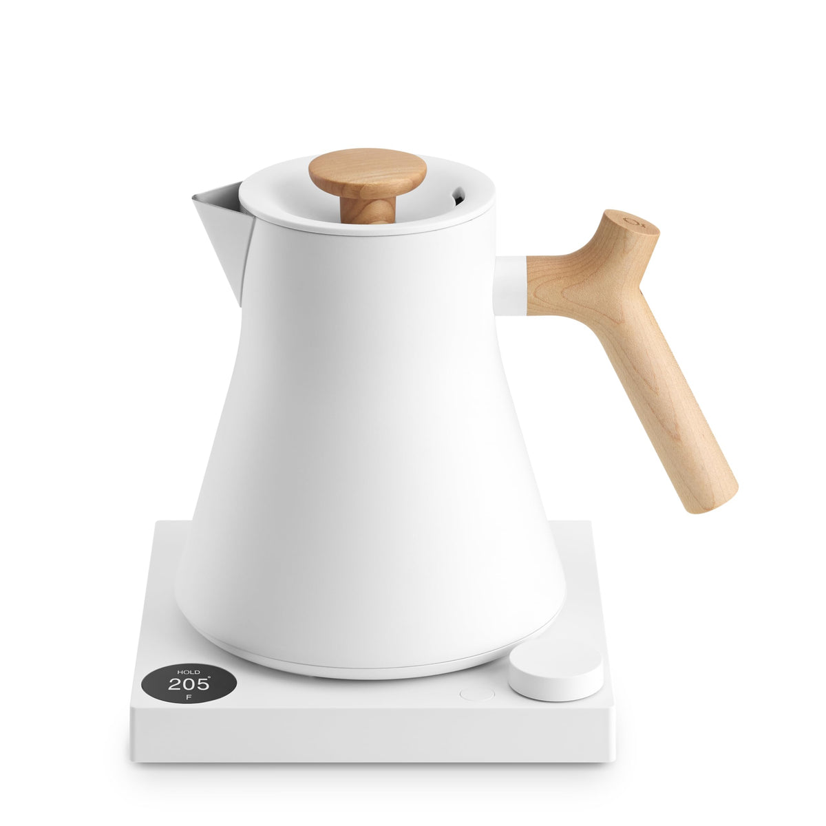 Fellow Corvo EKG Pro kettle front view in matte white with maple handle, showcasing compact design.