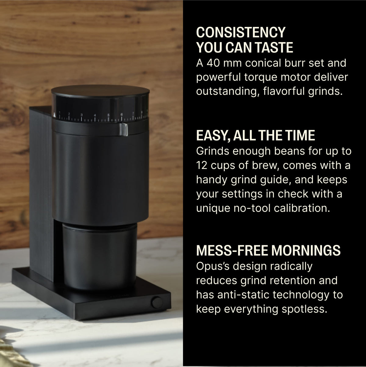 Fellow Opus grinder pour-over ready dosing for consistent brews
