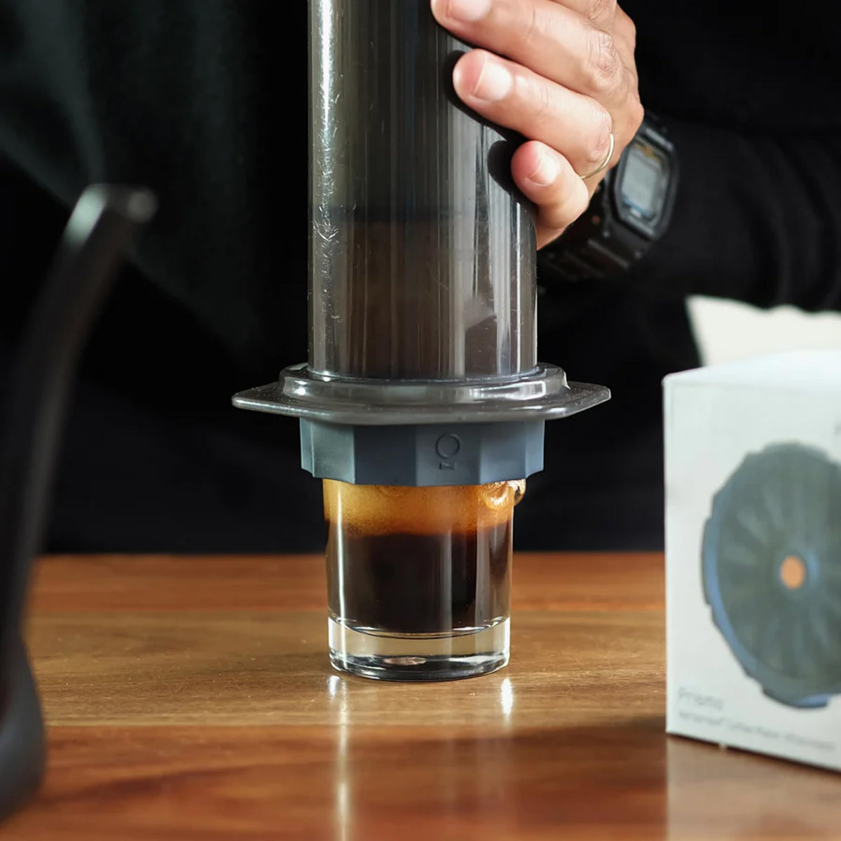 Fellow Prismo pressure valve in action delivers espresso-like shots with AeroPress.
