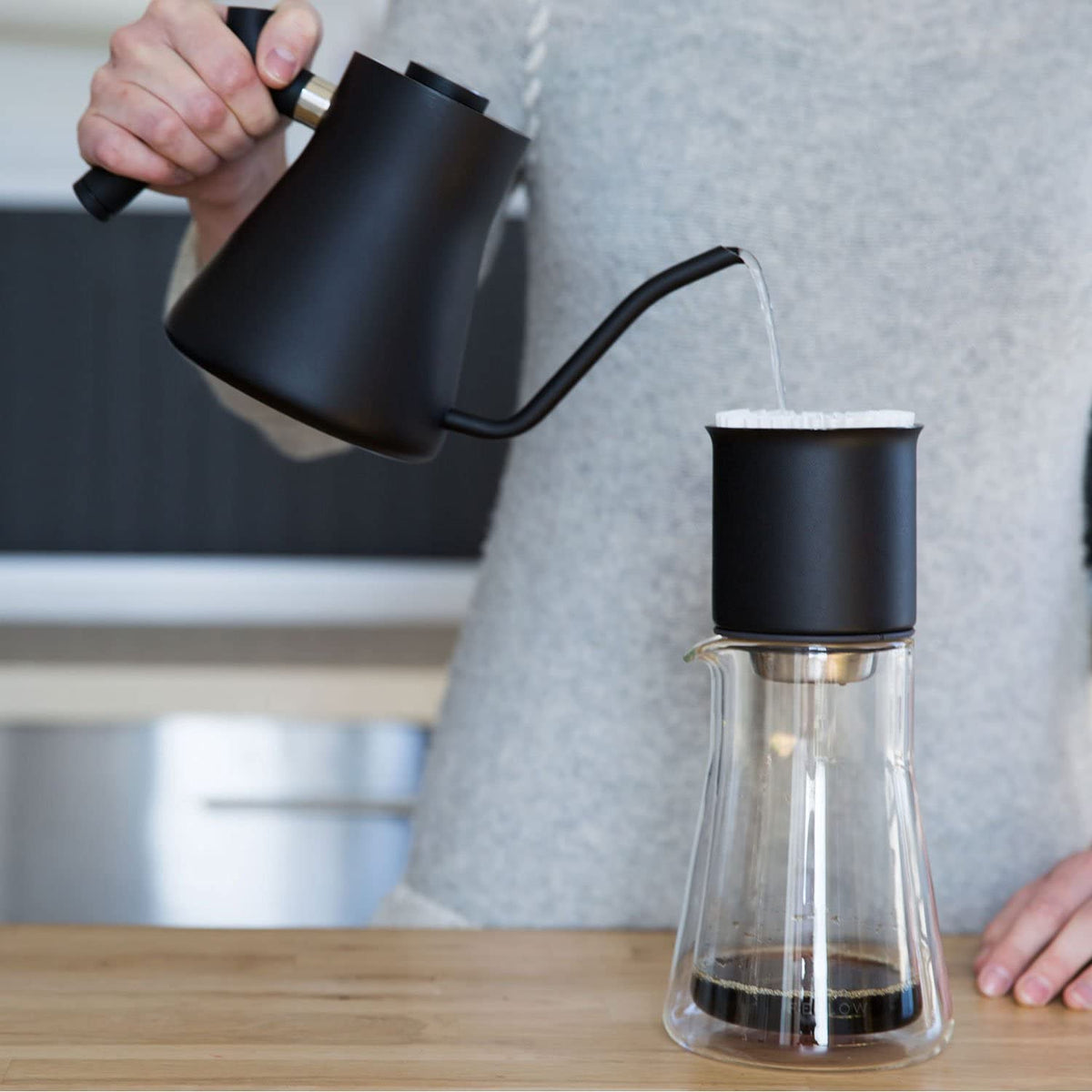 Fellow Stagg carafe seamlessly pairs with Stagg drippers and kettles for a cohesive setup.