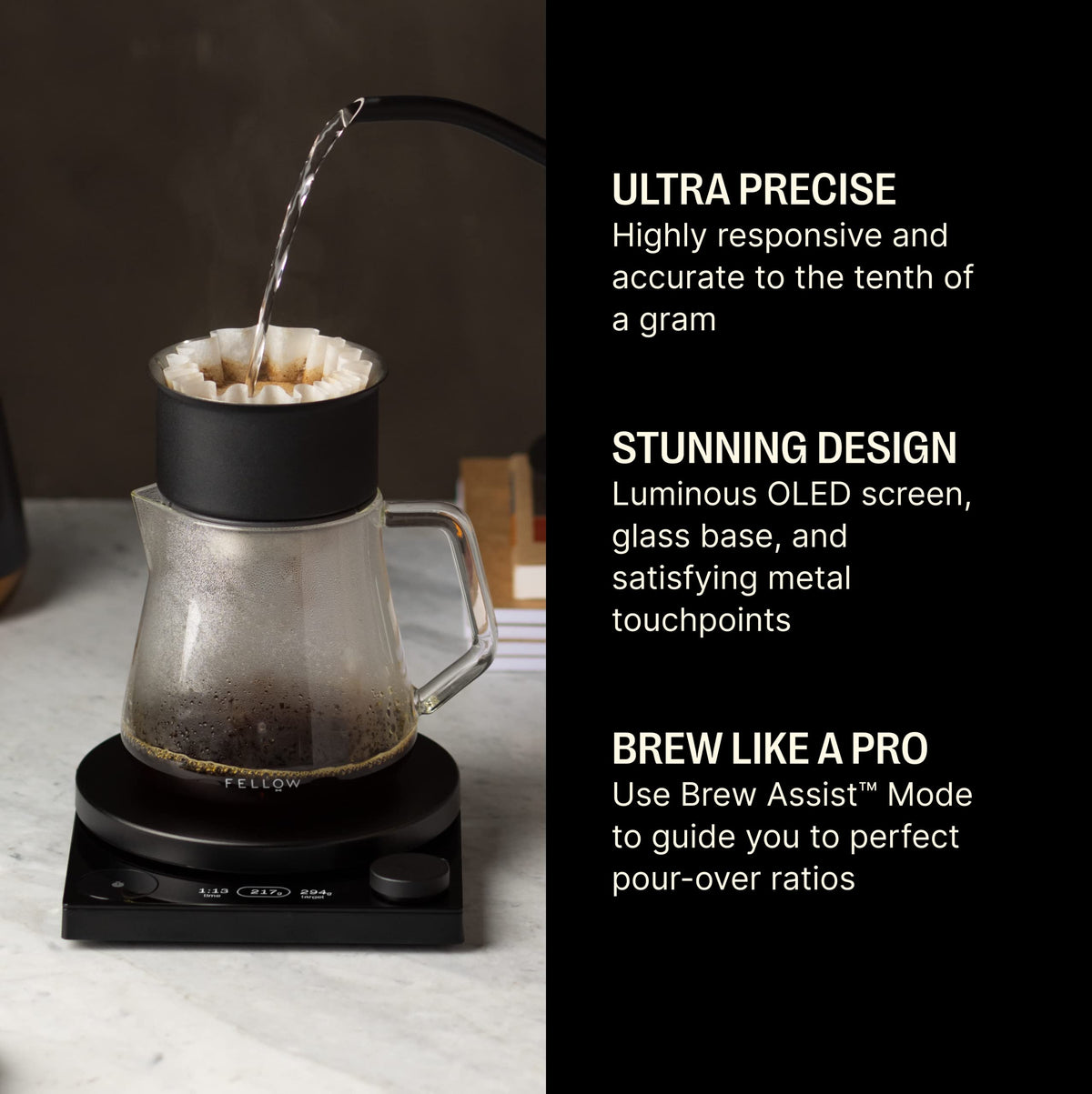 Fellow Tally Pro Brew Assist Mode guides optimal coffee-to-water ratios