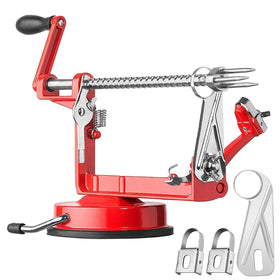 Femedo apple peeler-slicer exterior in red shows durable construction for daily fruit prep.