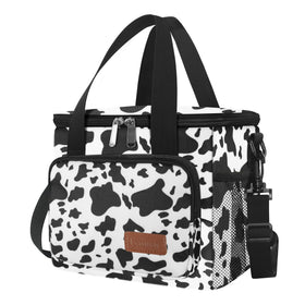 Femuar cow-print lunch bag front view, stylish insulated tote for daily work meals.