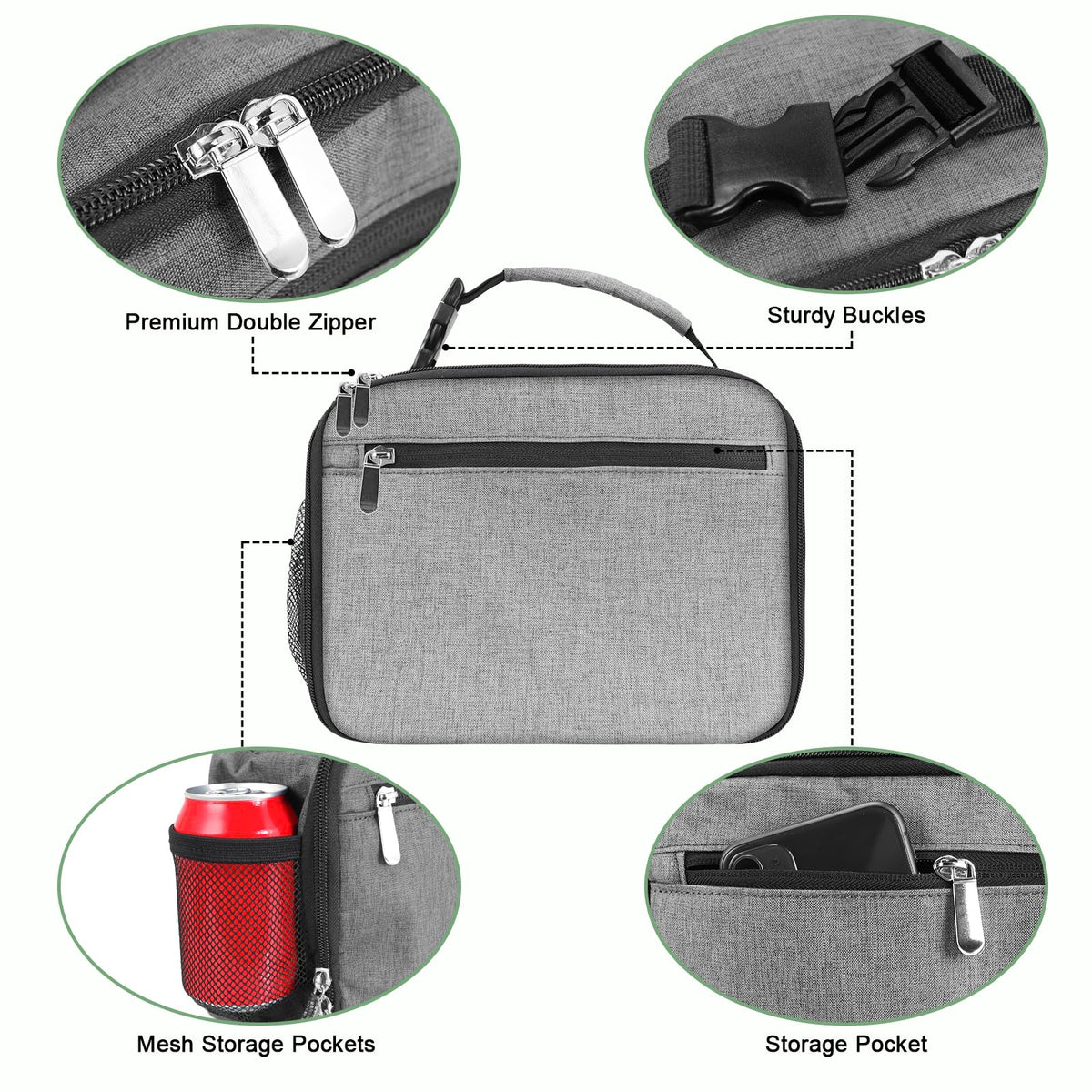 Femuar kids lunch box grey buckle-handle enables secure transport.
