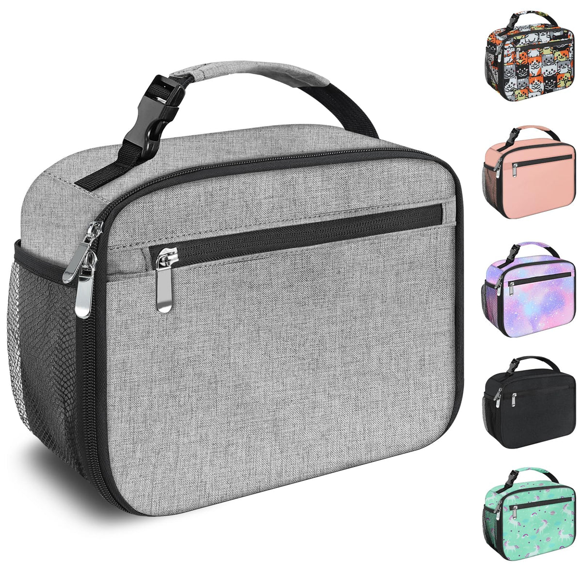 Femuar kids lunch box grey front view with easy carry handle for school lunches.