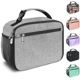 Femuar kids lunch box grey front view with easy carry handle for school lunches.