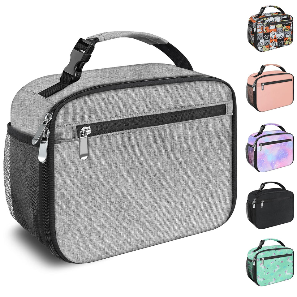 Femuar kids lunch box grey front view with easy carry handle for school lunches.