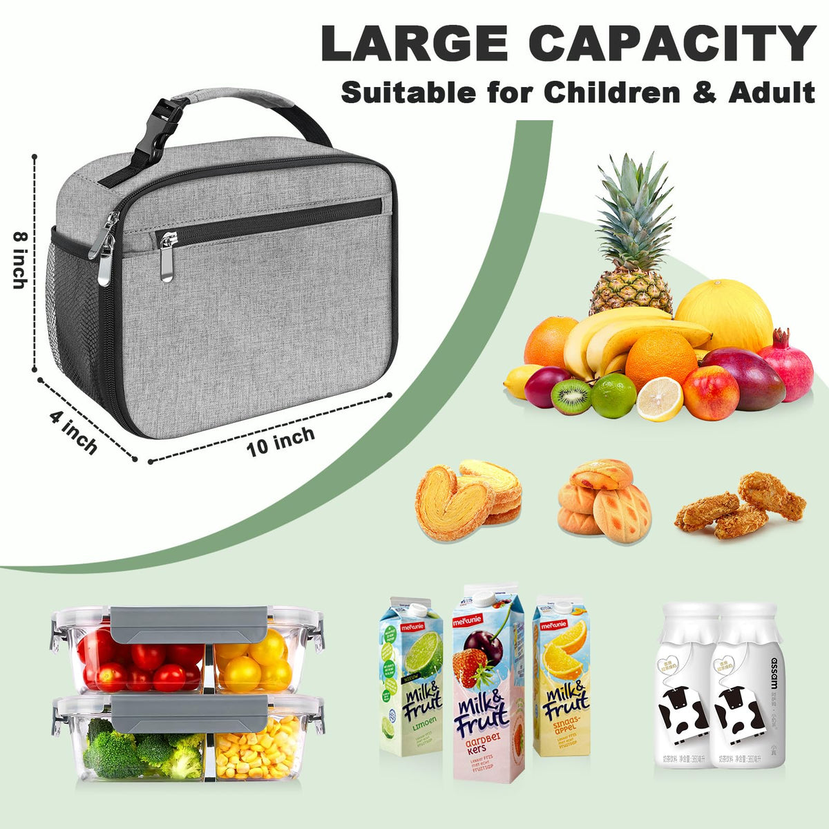 Femuar kids lunch box grey side pocket for snacks and quick access.