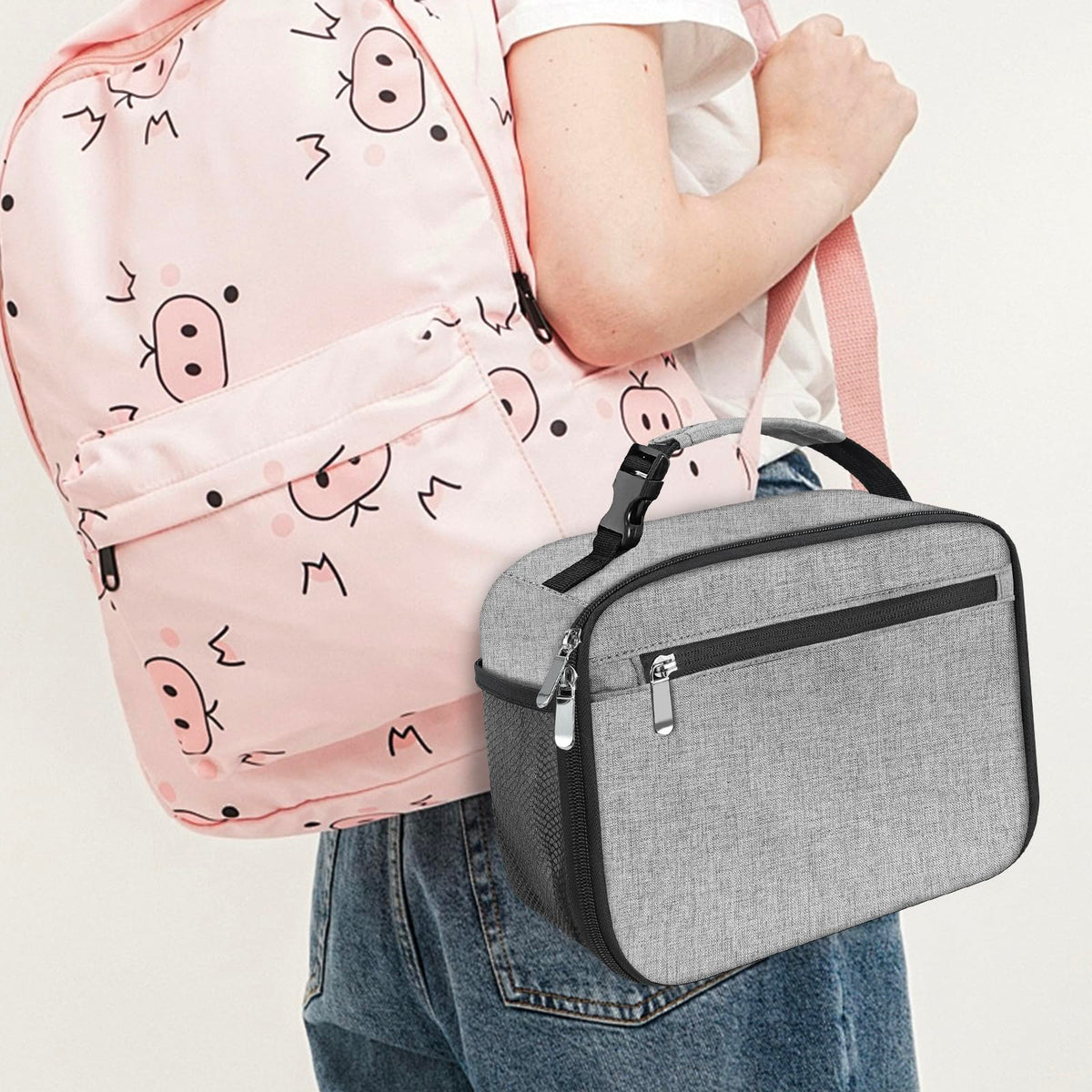 Femuar kids lunch box grey water bottle pocket keeps drinks handy.