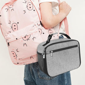 Femuar kids lunch box grey water bottle pocket keeps drinks handy.