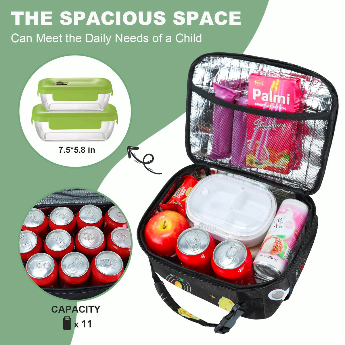 Femuar insulated PEVA interior keeps snacks fresh during busy school days