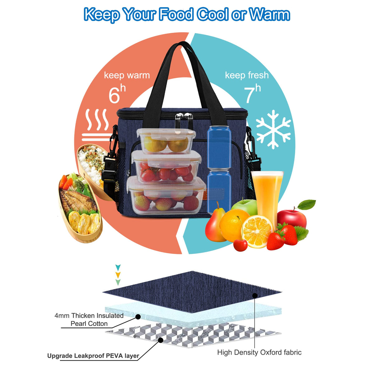 Femuar lunch bag with detachable adjustable strap for hands-free transport.