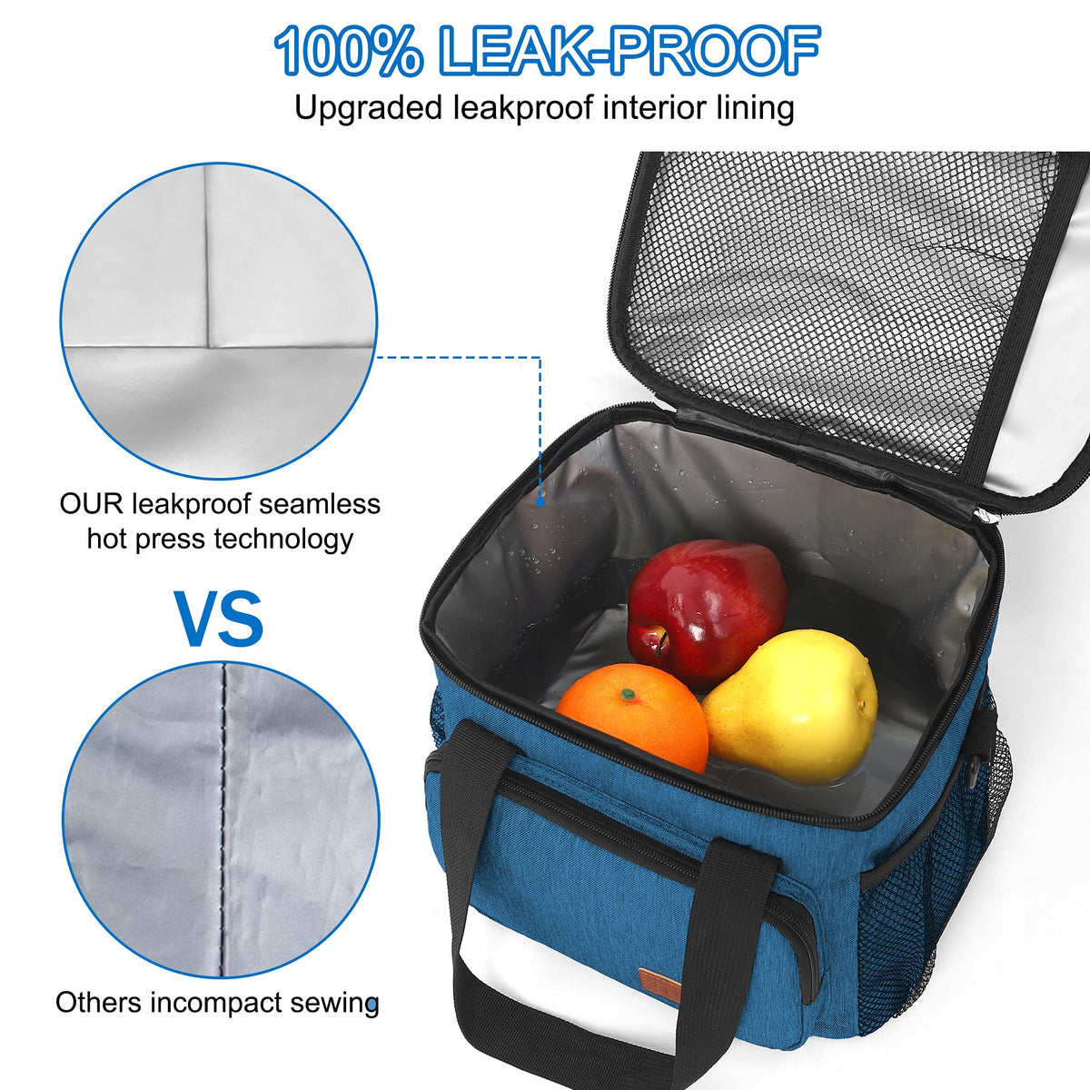 Femuar blue lunch bag front pocket holds keys and cards.