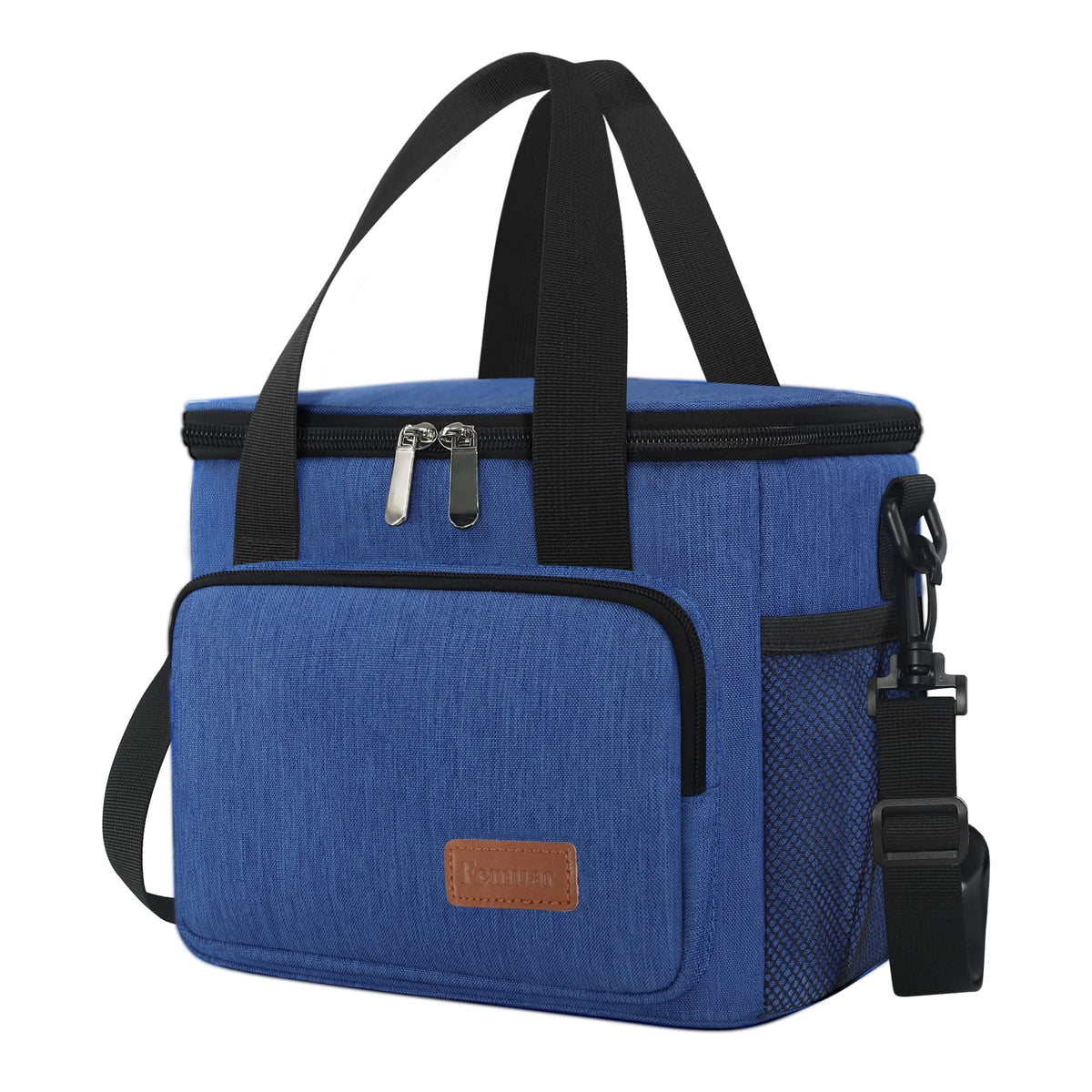Femuar blue lunch bag front view with durable insulated design.