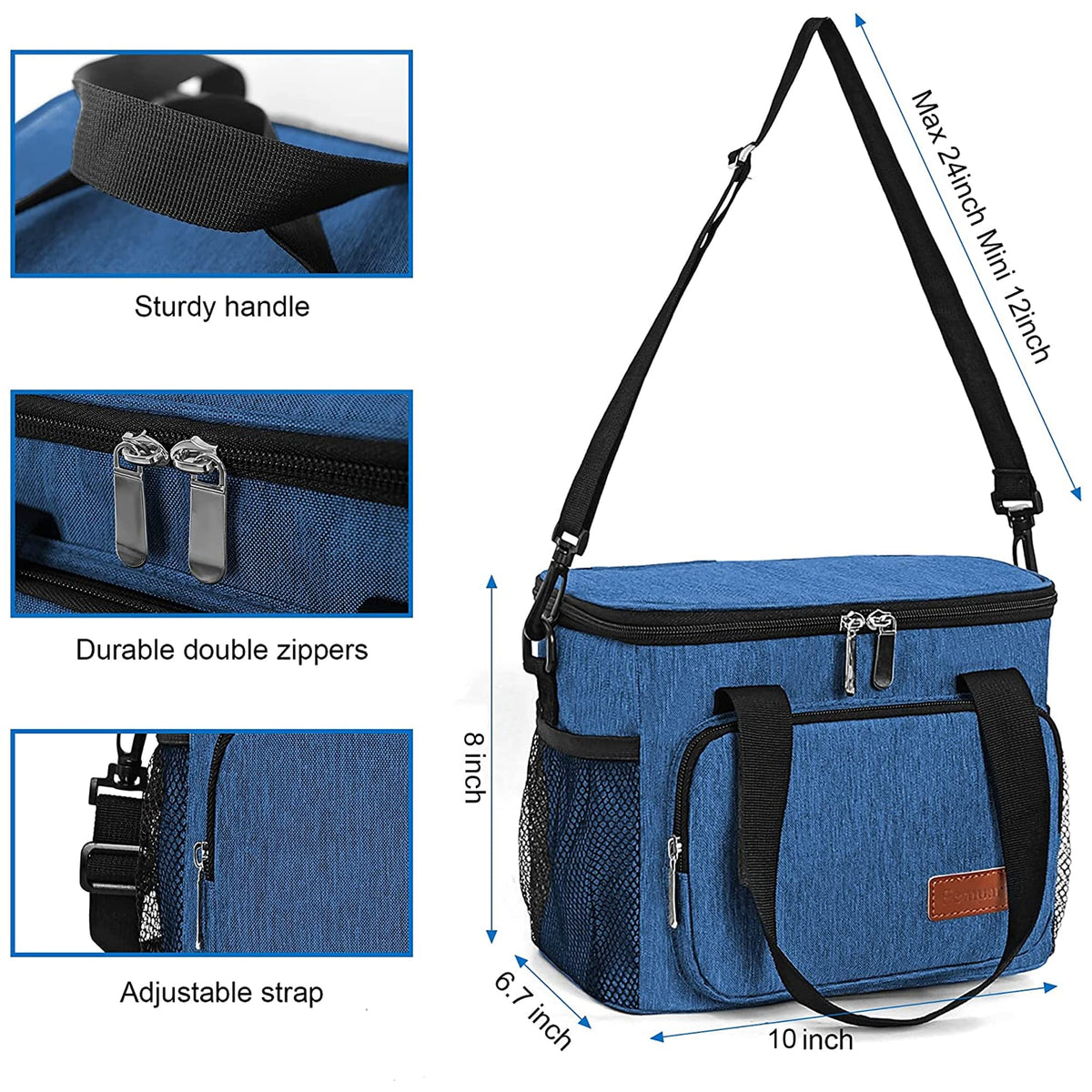 Femuar blue lunch bag insulated liner keeps meals fresh.
