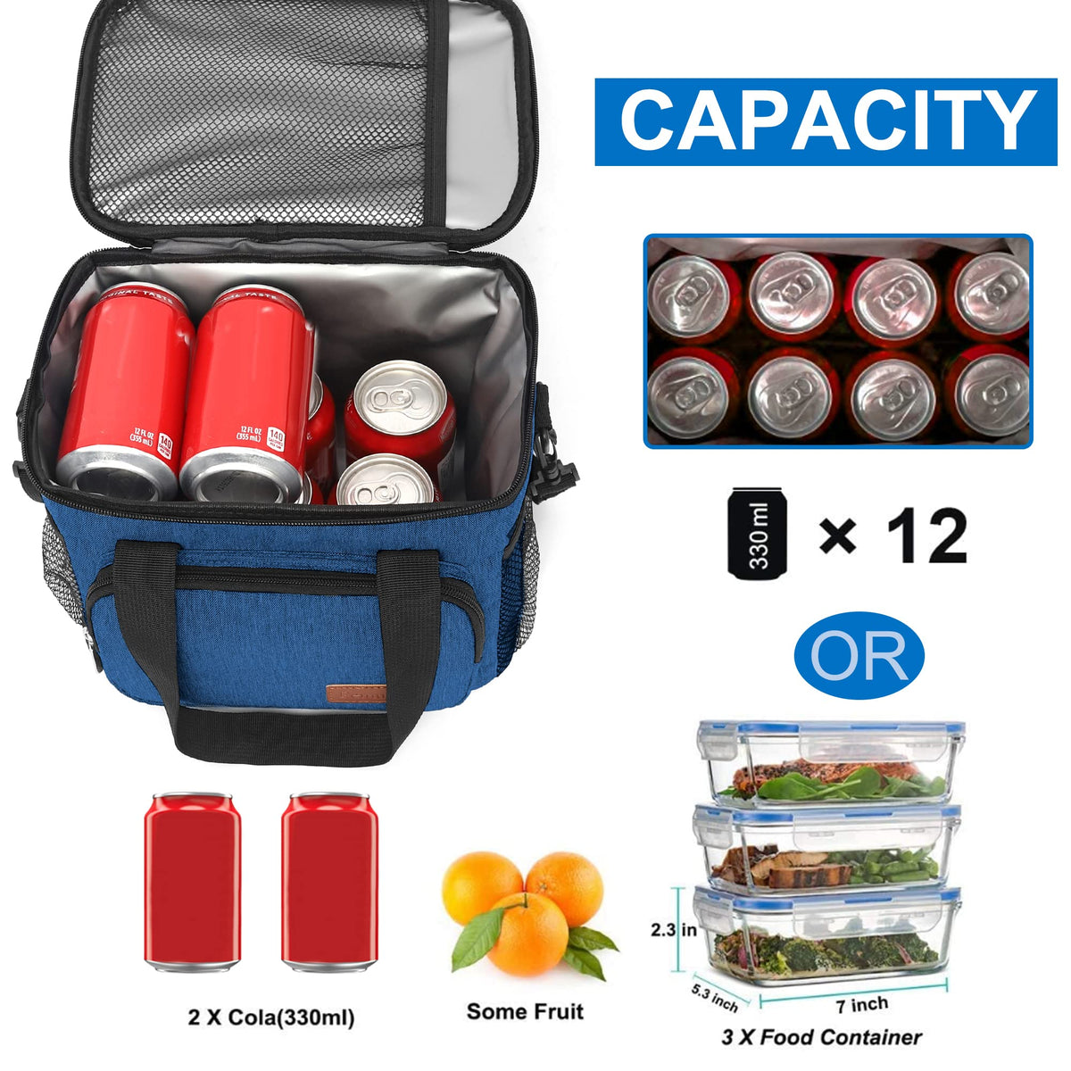 Femuar blue lunch bag open compartments showing spacious interior.