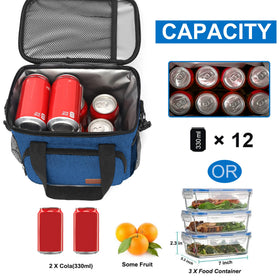 Femuar blue lunch bag open compartments showing spacious interior.