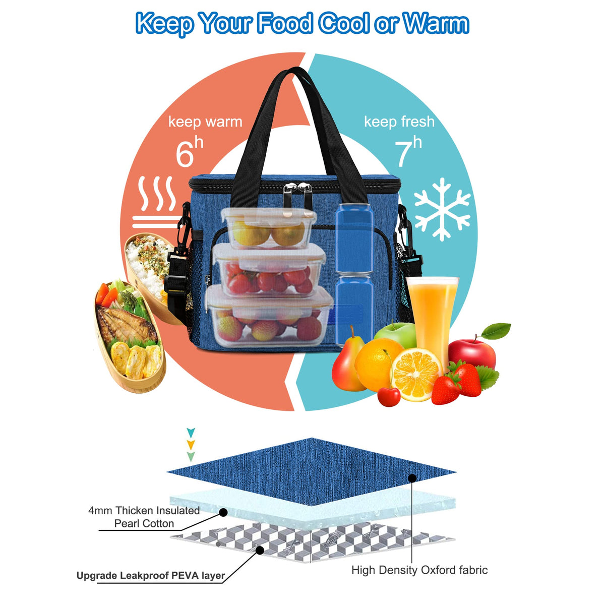 Femuar blue lunch bag detachable strap for easy carry.