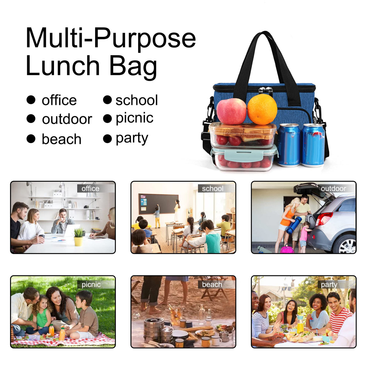 Femuar blue lunch bag scenarios for work and picnics.
