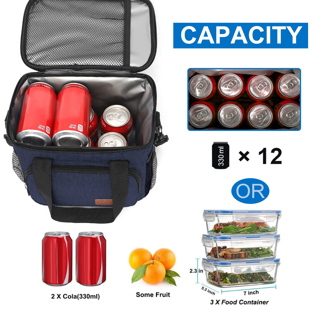 Femuar lunch bag shows large capacity for sandwiches, salads, and drinks.