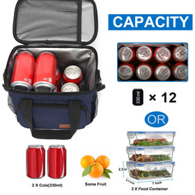 Femuar lunch bag shows large capacity for sandwiches, salads, and drinks.
