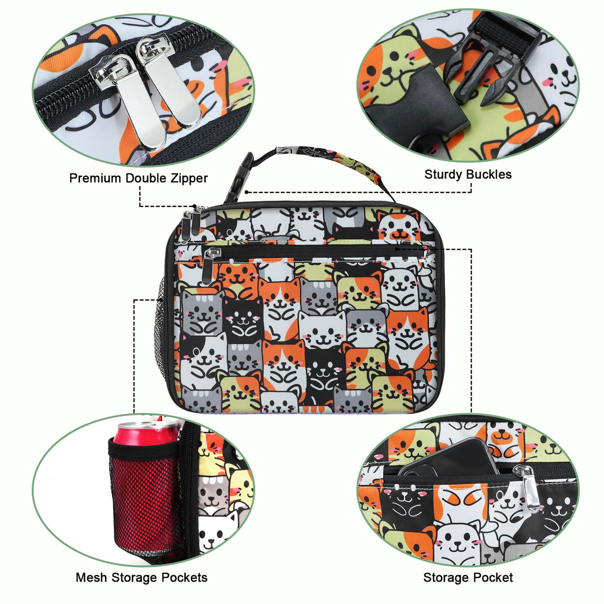 Side pocket and water bottle holder on Femuar insulated lunch bag.
