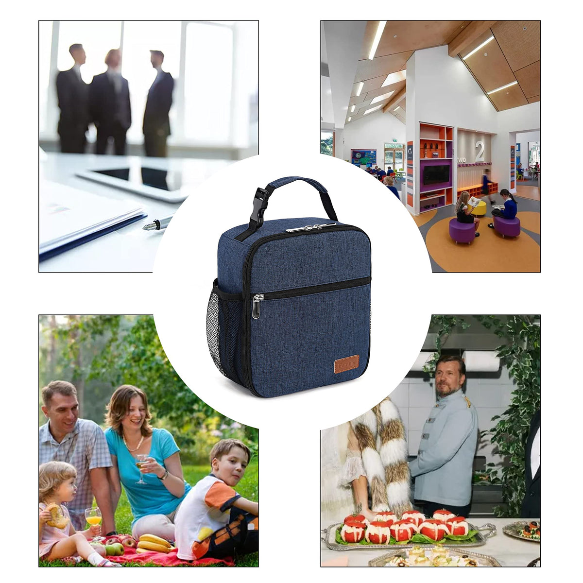 Femuar blue lunch box in use, ideal for office or picnic.