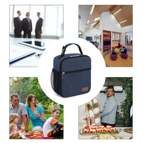 Femuar blue lunch box in use, ideal for office or picnic.