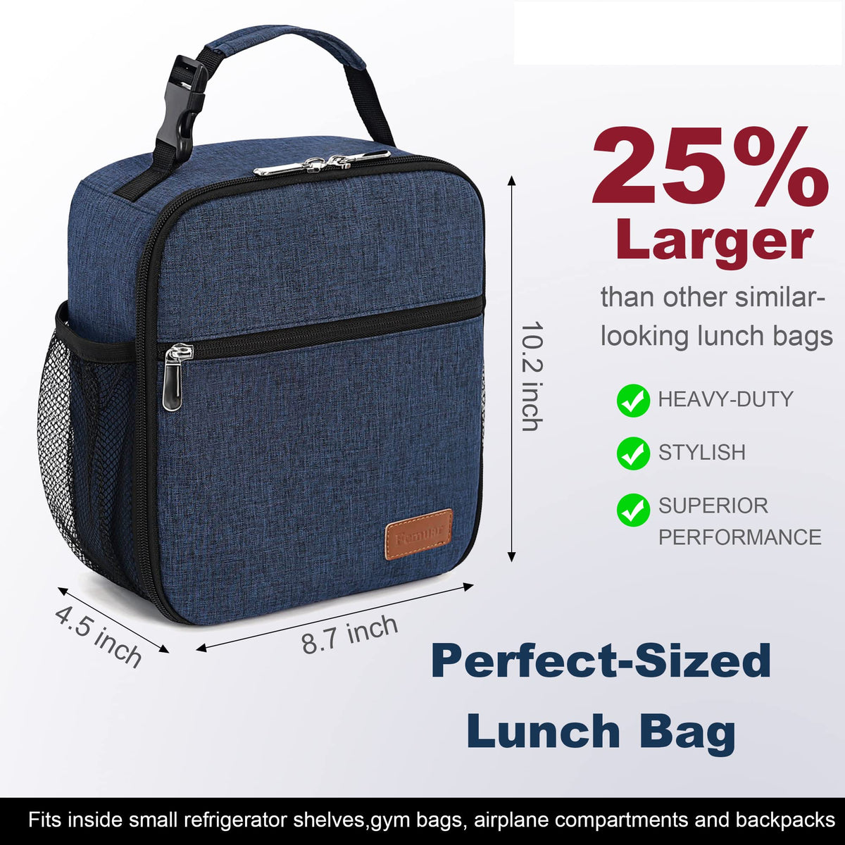 Femuar blue lunch box side pockets, extra storage for drinks.