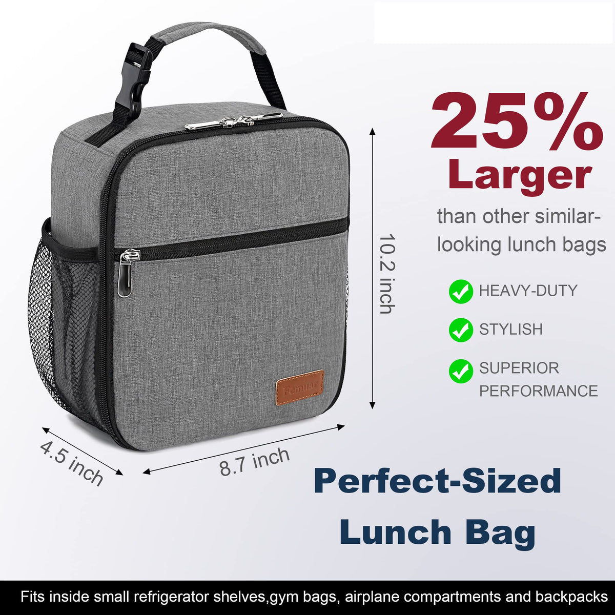 Femuar lunch box closed view with buckle handle ready to carry