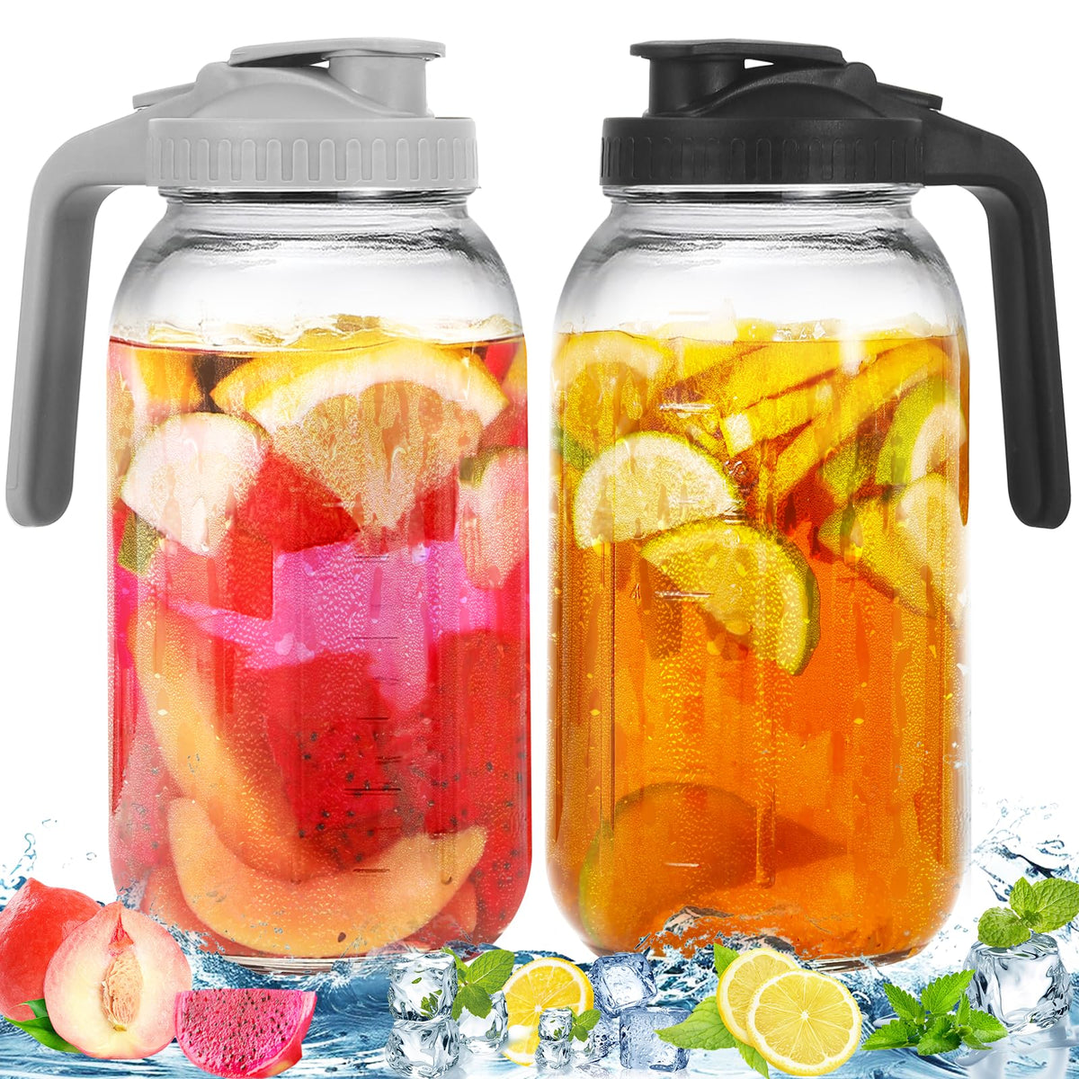 FEODSEW 64 oz glass pitcher with lid, front view demonstrating clarity and lid fit