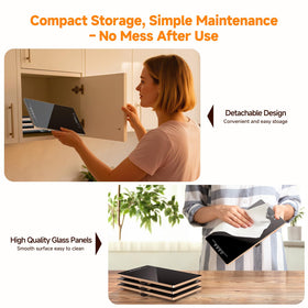 FEPPO 33x15 tempered glass surface provides elegant, easy-to-clean heat station.