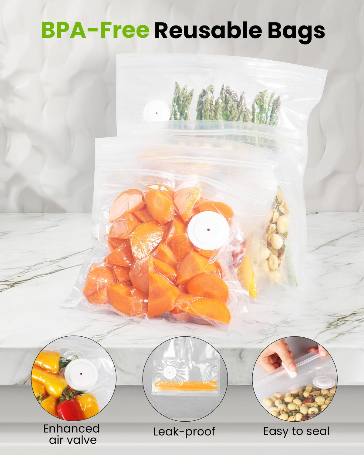 60kPa suction provides quick sealing for dry foods with FEPPO.
