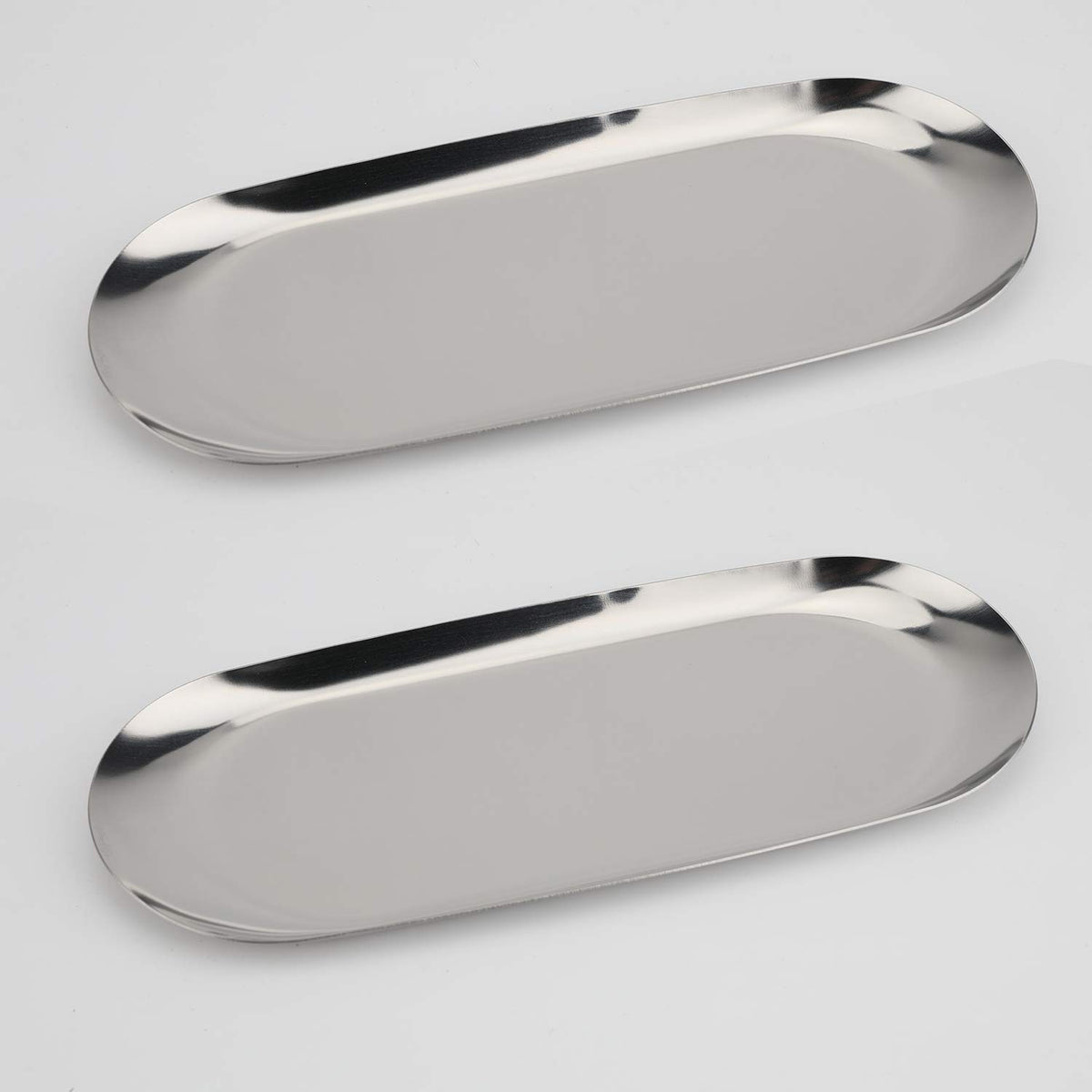 Fermus stainless steel decorative tray, oval 9-inch, two-pack, ideal for jewelry organization.