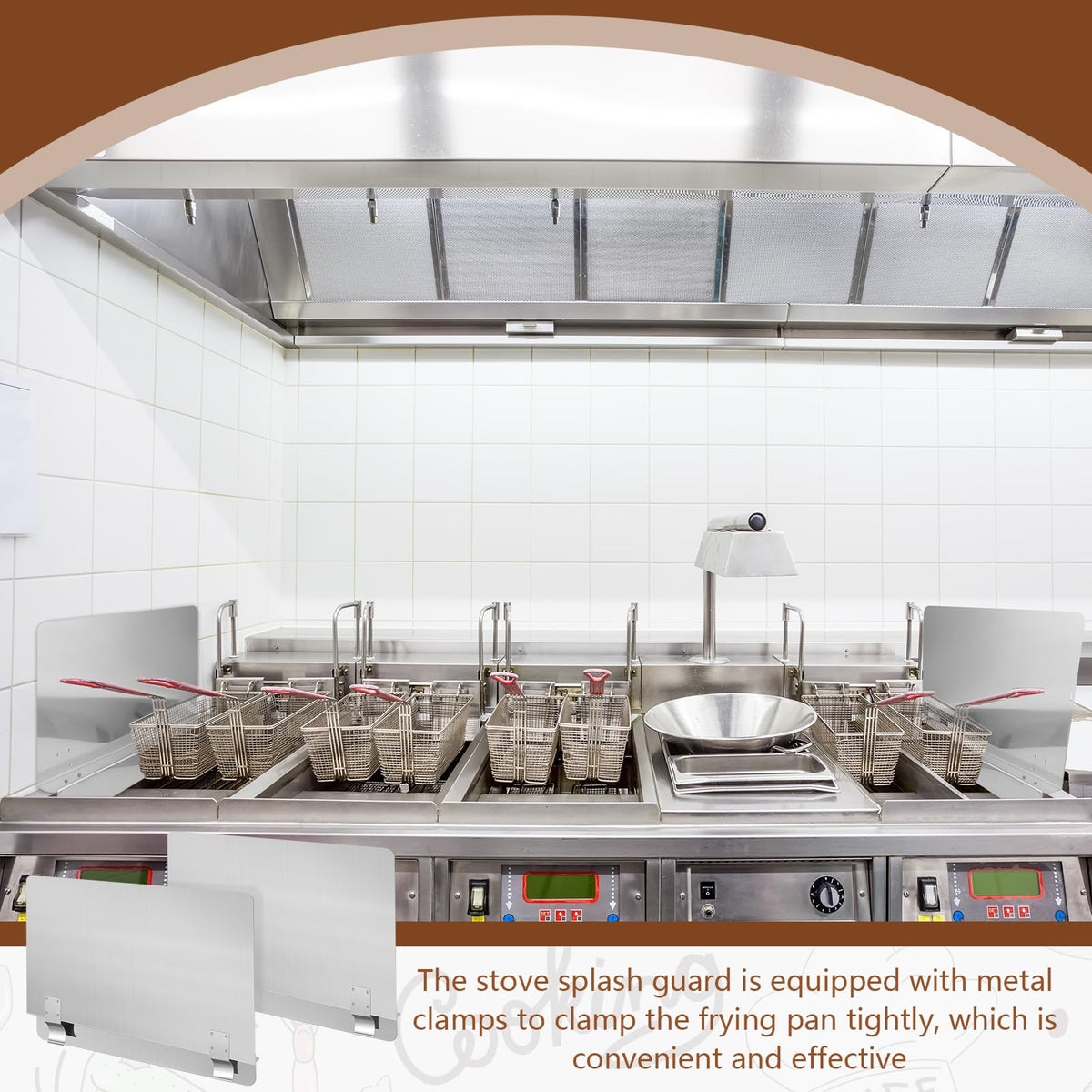Ferraycle universal-fit splash guard protecting a variety of stoves