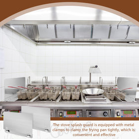 Ferraycle universal-fit splash guard protecting a variety of stoves