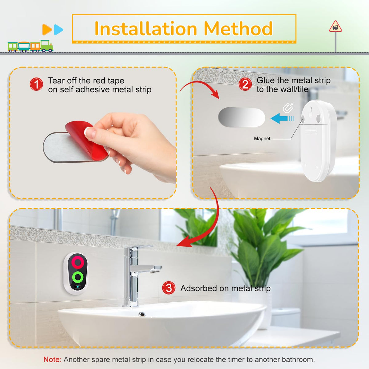 Ferriswheel Toothbrushing Timer magnetic-back sticks to metal bathroom surfaces for easy placement.