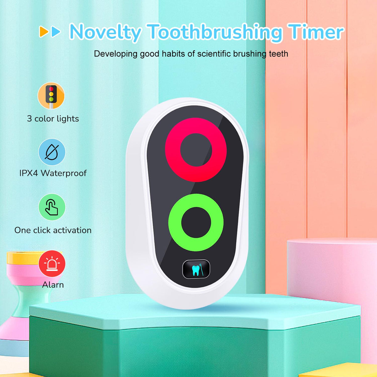 Ferriswheel Toothbrushing Timer orange light marks 50 seconds for rinsing guidance.