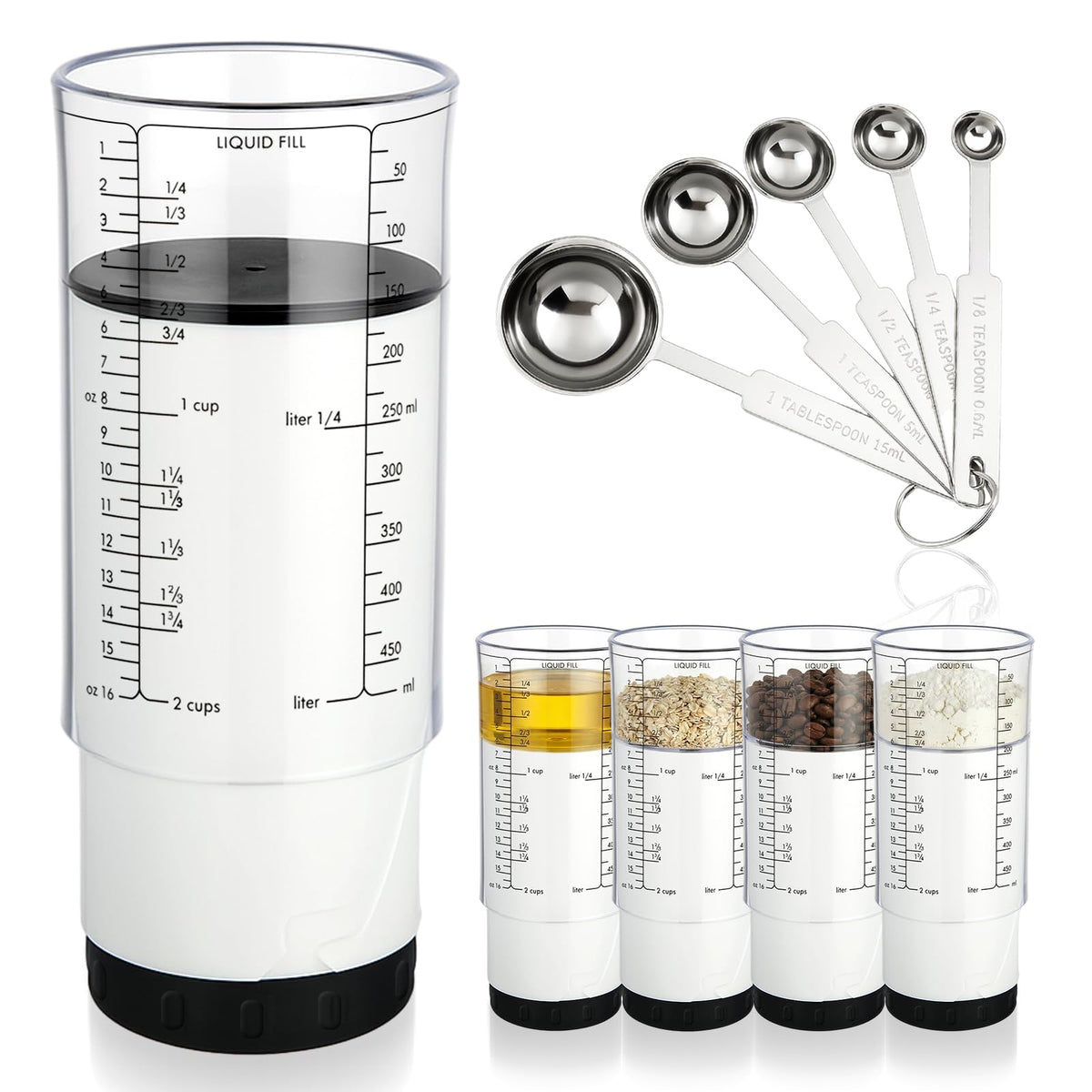 Ferrochef 6-pcs adjustable measuring set with push-up cup for precise, mess-free measuring.