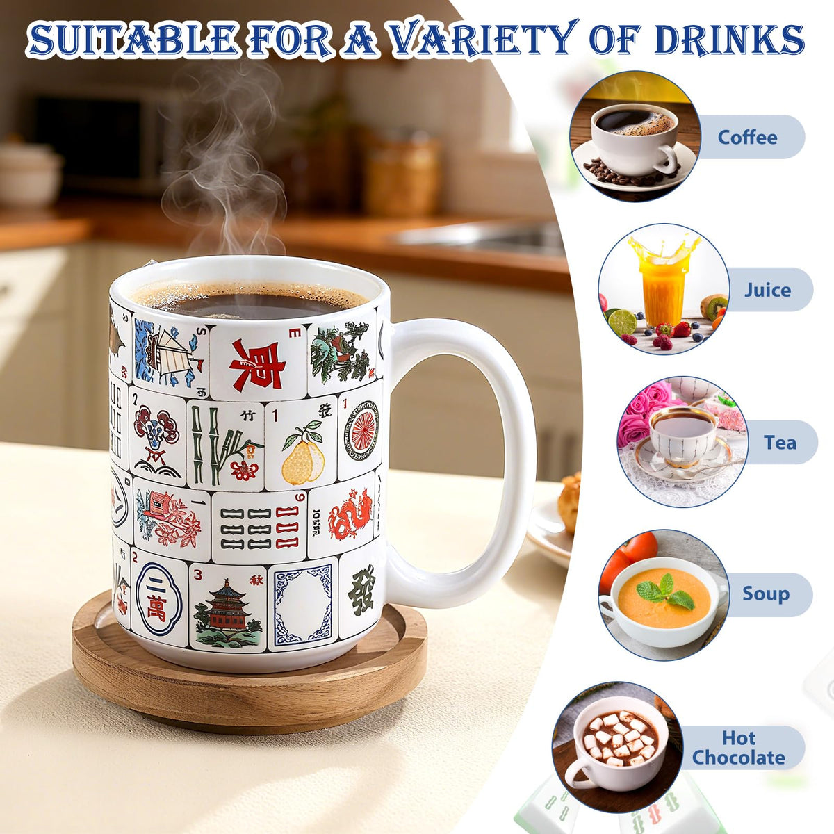 Ferrochef mahjong mug is versatile for hot drinks, juice, milk, or soup.