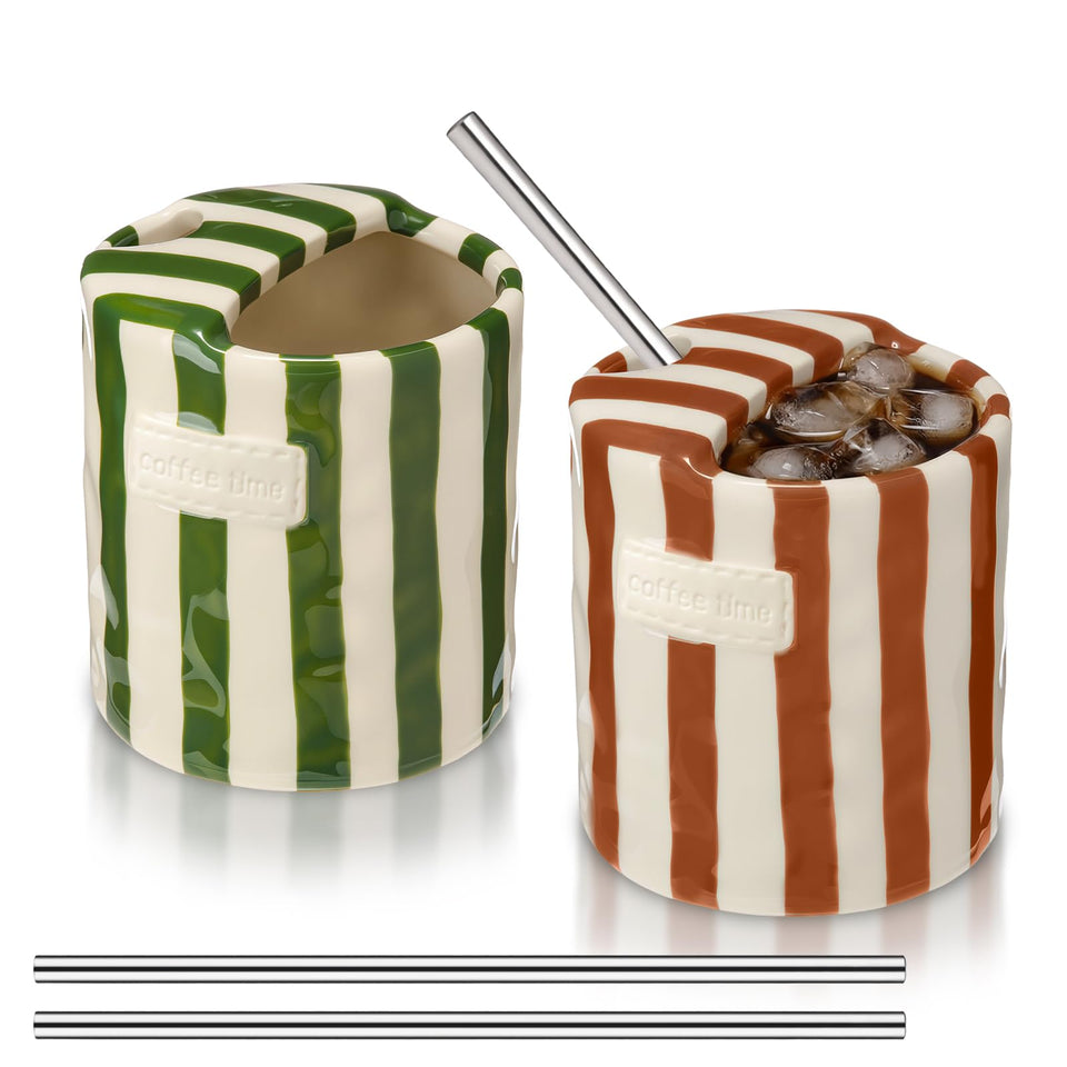 Ferrochef striped mug with green-brown spout for stylish sipping.